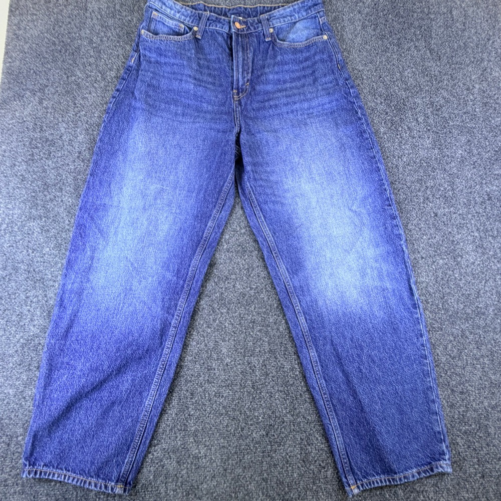 HM &Denim Womens High Waisted Baggy Barrel Leg Jeans Blue Medium Wash 28 Inseam